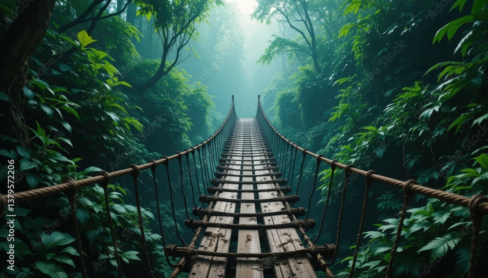 Fototapeta premium Enchanting bridge arching over a serene jungle setting surrounded by dense foliage and trees