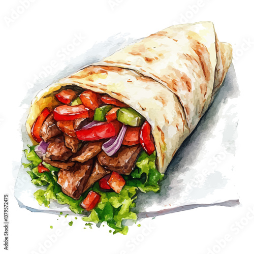 A watercolor vector illustration of Shawarma, isolated on a white background.


