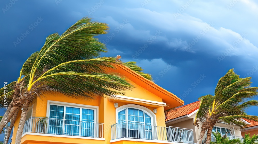 Fototapeta premium Tropical house, storm clouds, wind, palm trees, coastal, damage, insurance, weather
