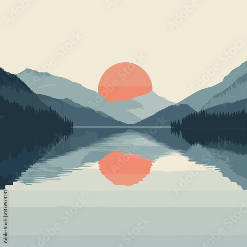 Minimalistic mountain and lake landscape with vibrant sunset reflection