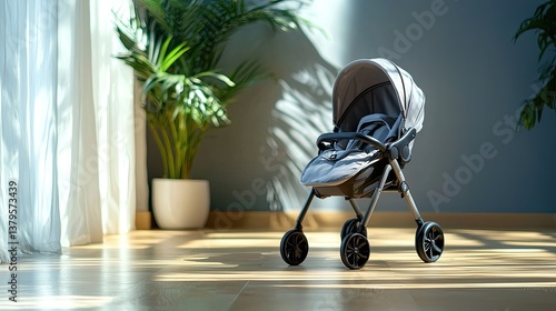 Stylish gray baby stroller stands gracefully in a sunlit room