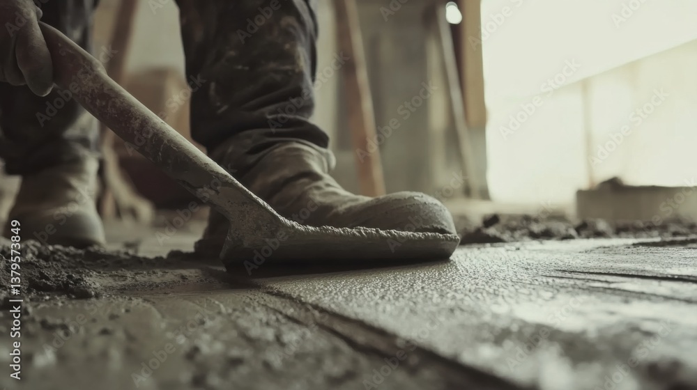 A construction worker leveling a concrete slab with a trowel. Featuring skill and focus A construction worker leveling a concrete slab with a trowel. Featuring skill and focus