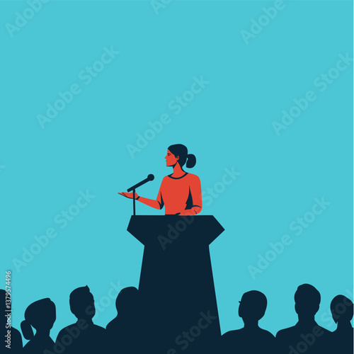 Woman giving a speech at a podium with an audience silhouette in the background