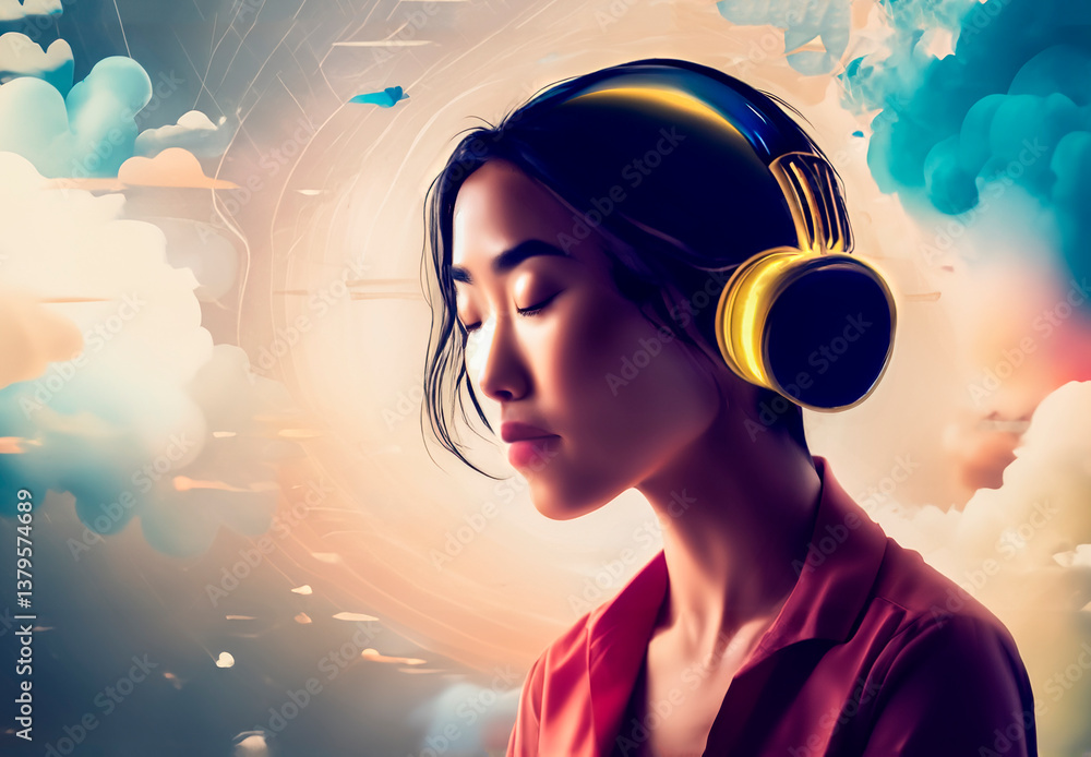 Young Asian woman with her eyes closed listening to music with headphone on , Generated image