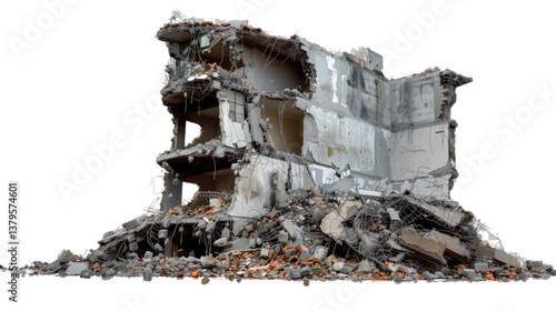 Demolished Architecture: The aftermath of a destructive force reveals a collapsed building, its skeletal frame and scattered debris hinting at a past structure.