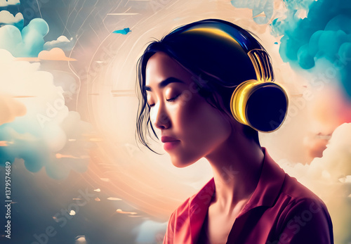 Obraz na płótnie Young Asian woman with her eyes closed listening to music with headphone on , Generated image w salonie