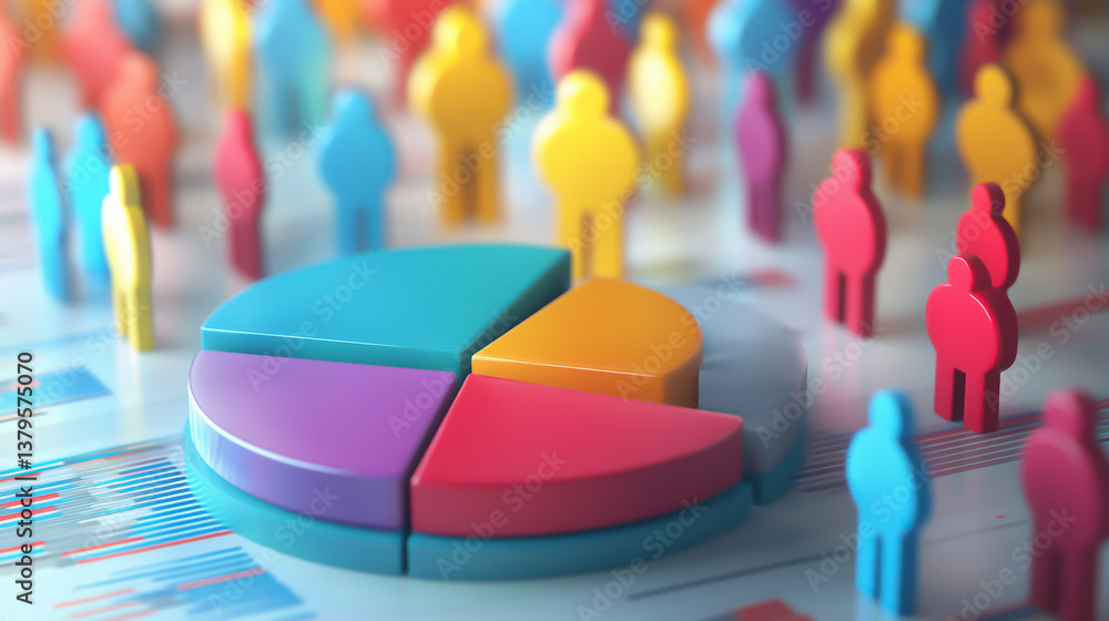 Fototapeta premium 3D rendered pie chart surrounded by multicolored human figure icons representing market segmentation and demographic analysis. Concept of data visualization, analytics, and business insight.