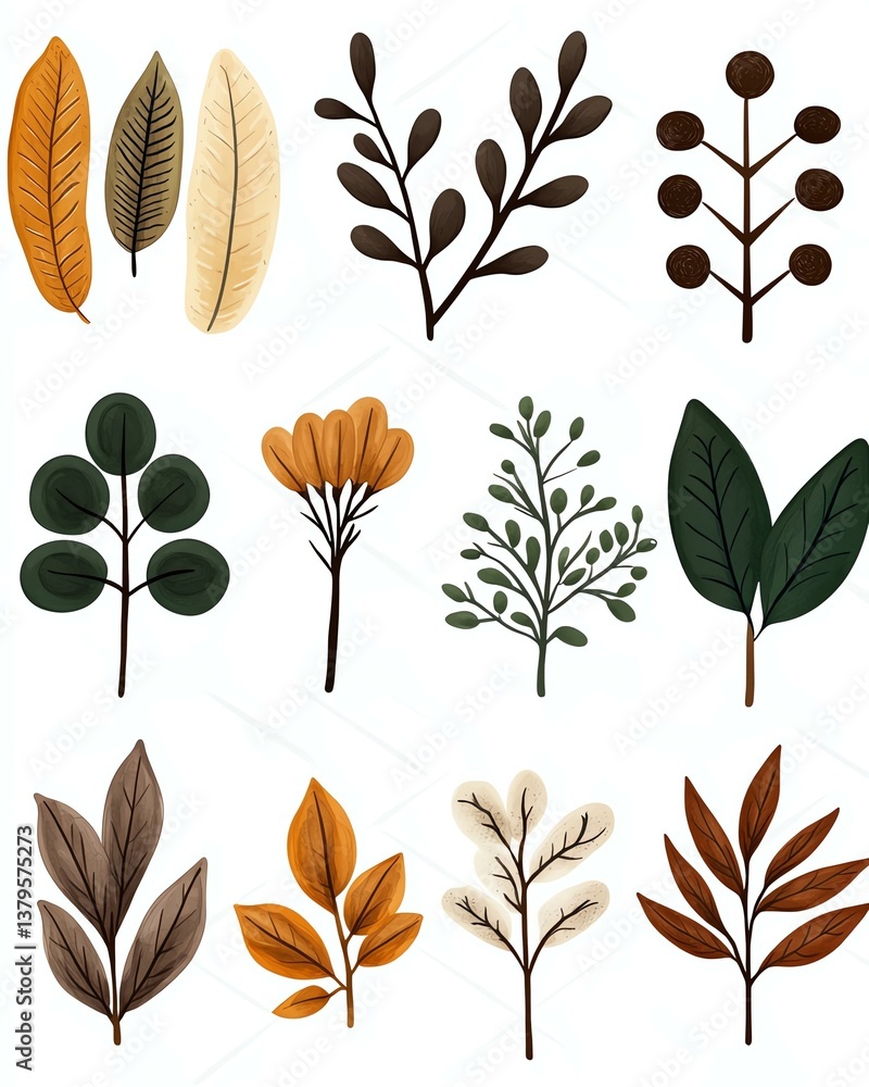 Fototapeta premium Various elegant leaf designs in rich colors.