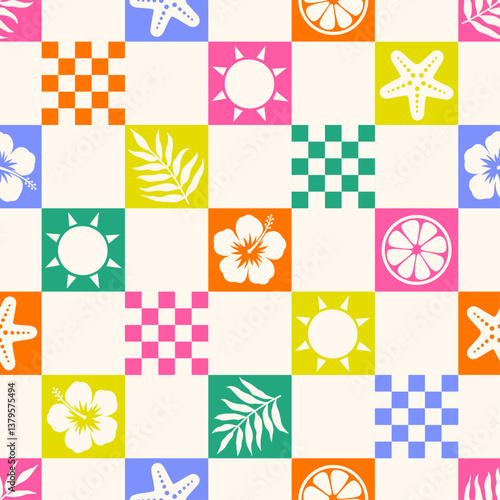 Colorful hibiscus, palm leaf, starfish, sun, citrus fruit with square pattern design for summer holidays background.