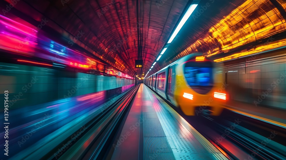 Blurred Fast Metro Train in Tunnel Station with Motion Blur Effect and Cityscape View Blurred Fast Metro Train in Tunnel Station with Motion Blur Effect and Cityscape View
