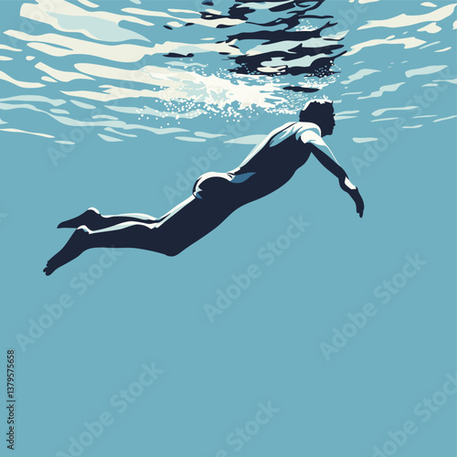 Underwater Silhouette of a Man Swimming Beneath the Surface with Light Reflections