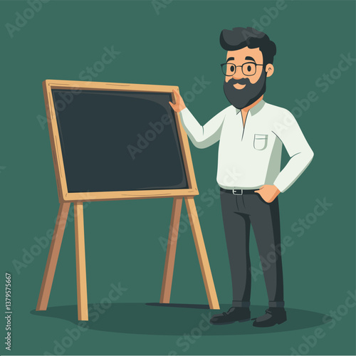 Male Teacher Standing Beside a Blank Chalkboard in Classroom Setting