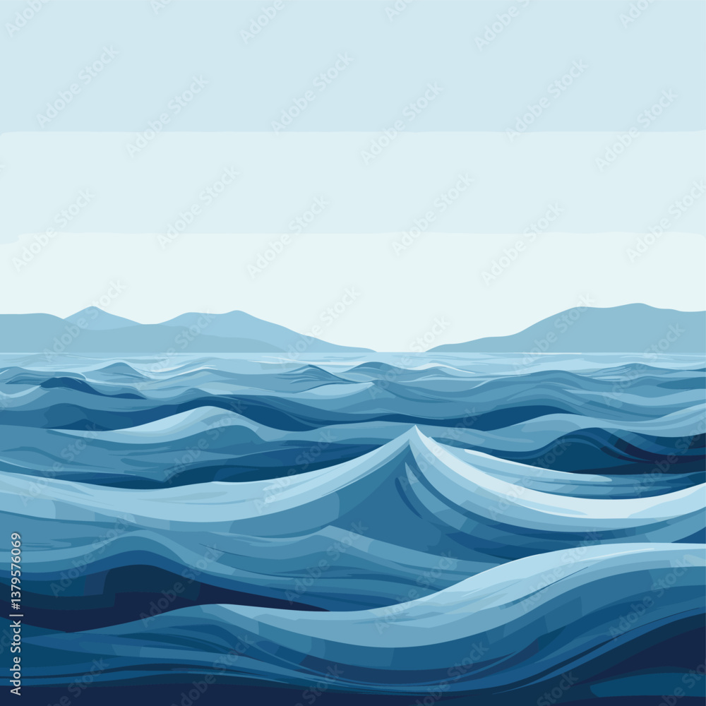 Naklejka premium Abstract Ocean Waves with Distant Mountains in Serene Blue Color Palette