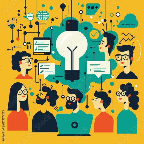 Creative Team Brainstorming Ideas with Light Bulb Symbol and Digital Communication Icons