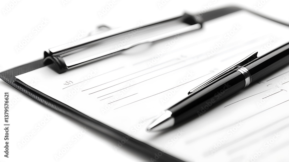 Closeup Clipboard with Blank Paper and Elegant Pen on White Background Closeup Clipboard with Blank Paper and Elegant Pen on White Background