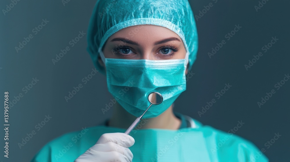 A medical professional in scrubs and a protective mask closely examines a dental tool with a metal mirror demonstrating their expertise and focus in the dental healthcare field A medical professional in scrubs and a protective mask closely examines a dental tool with a metal mirror demonstrating their expertise and focus in the dental healthcare field