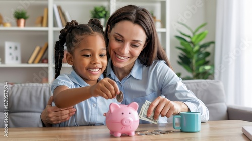 Mother and Daughter Saving Money Together with Pink Piggy Bank