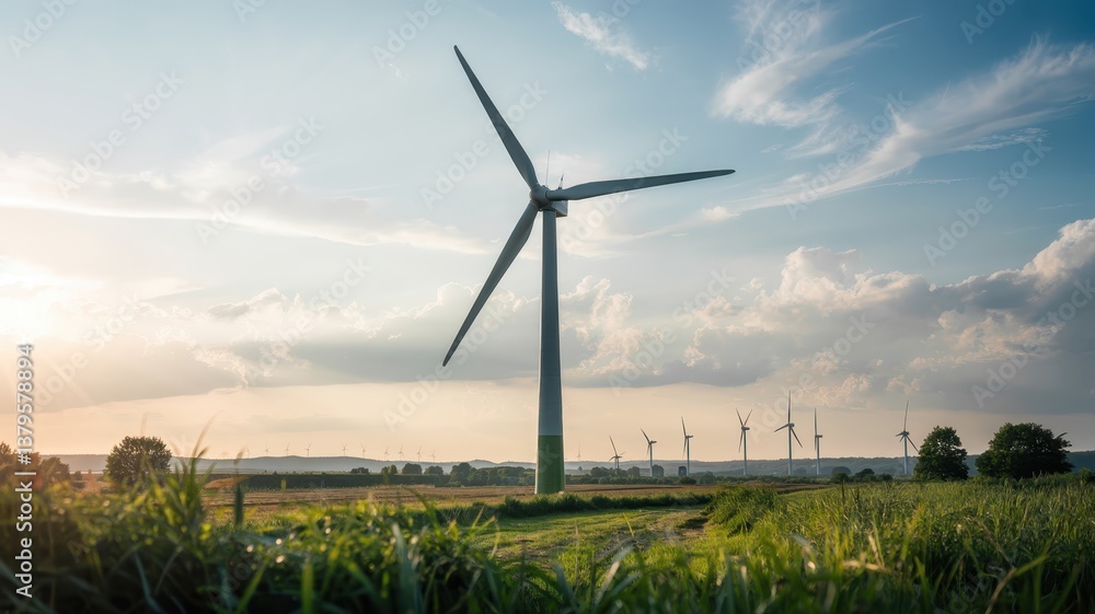 Obraz premium Renewable Energy Wind Turbine in Scenic Landscape with Blue Sky