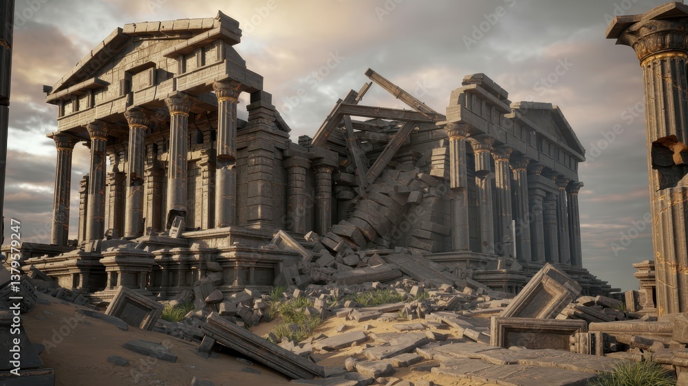 Fototapeta premium Ancient Ruins of a Grand Temple Surrounded by Fallen Columns and Debris