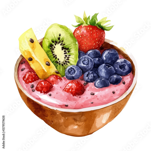 A watercolor vector illustration of Smoothie Bowl, isolated on a white background.

