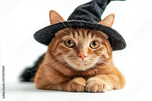 Portrait of an Orange Cat Ginger Cat in a Witch Halloween Costume Adorable Feline Dressed for Spooky Season on White Background  Pet Photography for Holiday Marketing and Decor