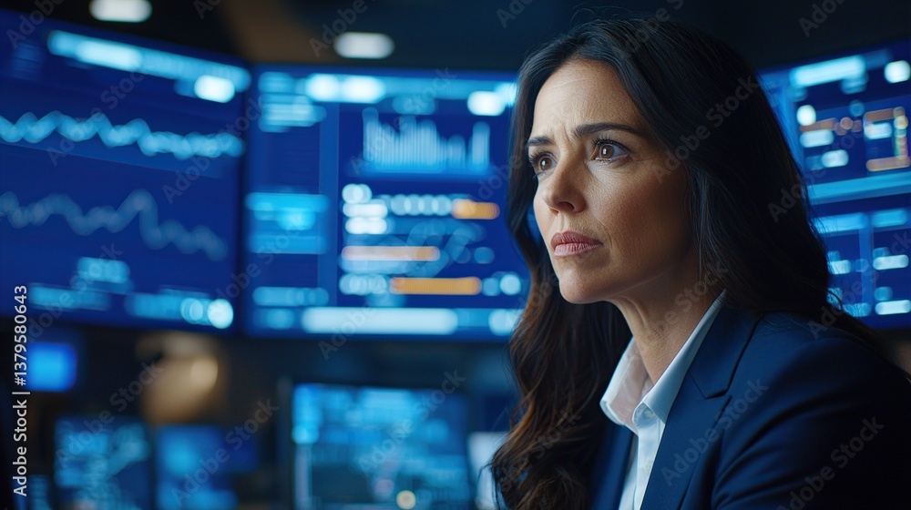 Professional woman analyzing data in a high-tech control room with multiple screens displaying graphs and statistics. Professional woman analyzing data in a high-tech control room with multiple screens displaying graphs and statistics.