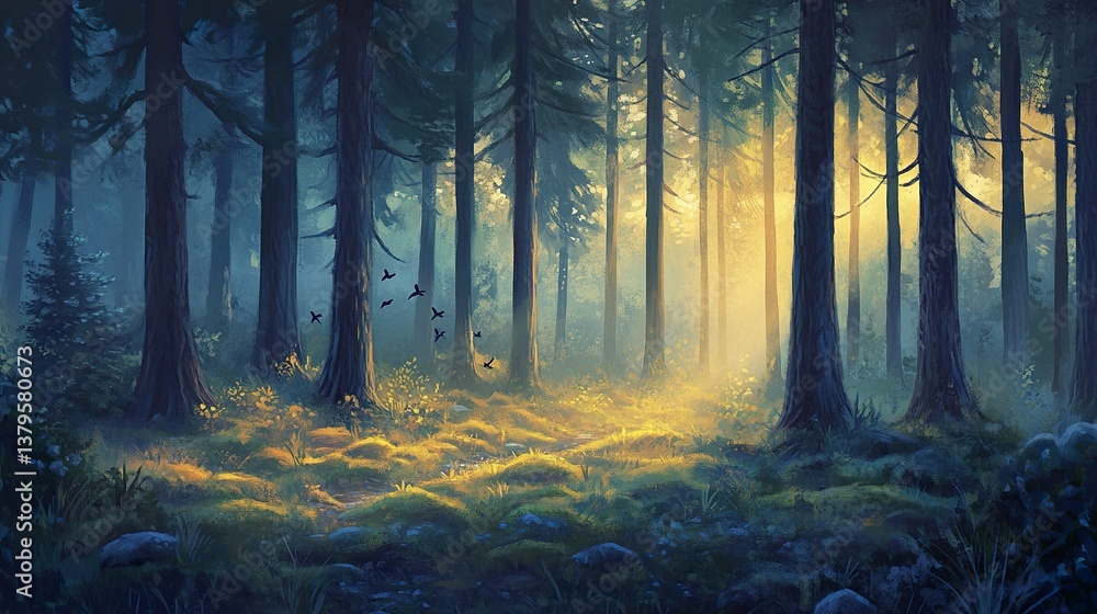 Obraz premium Enchanting forest illustration with sunlight filtering through tall trees