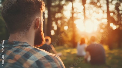 Friends sit in a forest, watching the sun set behind trees while enjoying each other's company in the peaceful evening light