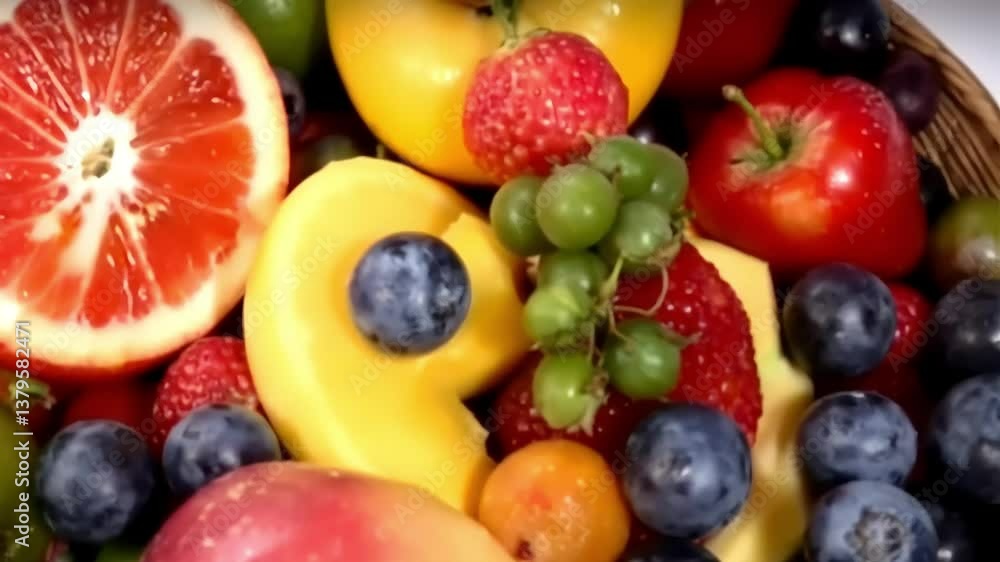 A vibrant array of fresh, ripe fruits like grapes, oranges, and berries offer a healthy, vitamin-rich, and juicy vegetarian diet A vibrant array of fresh, ripe fruits like grapes, oranges, and berries offer a healthy, vitamin-rich, and juicy vegetarian diet