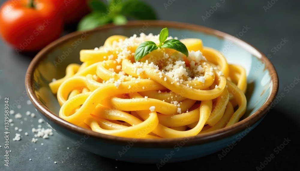 Bowl of creamy pasta, parmesan cheese topping, parmesan, gourmet Bowl of creamy pasta, parmesan cheese topping, parmesan, gourmet