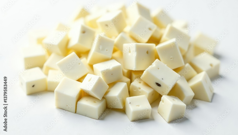Close-up of crumbled feta cheese against white , crumbly, natural Close-up of crumbled feta cheese against white , crumbly, natural
