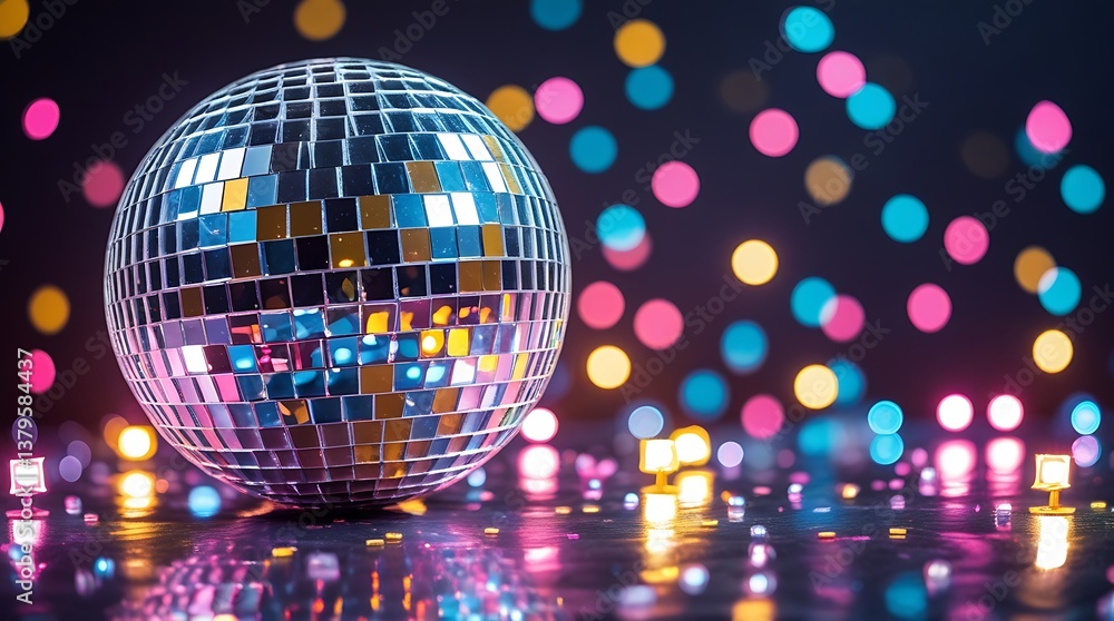 Obraz premium Shiny mirror disco ball reflecting multicolored lights, surrounded by glowing orbs and tiny candles, evoking a nostalgic 80s dance club and retro party ambiance