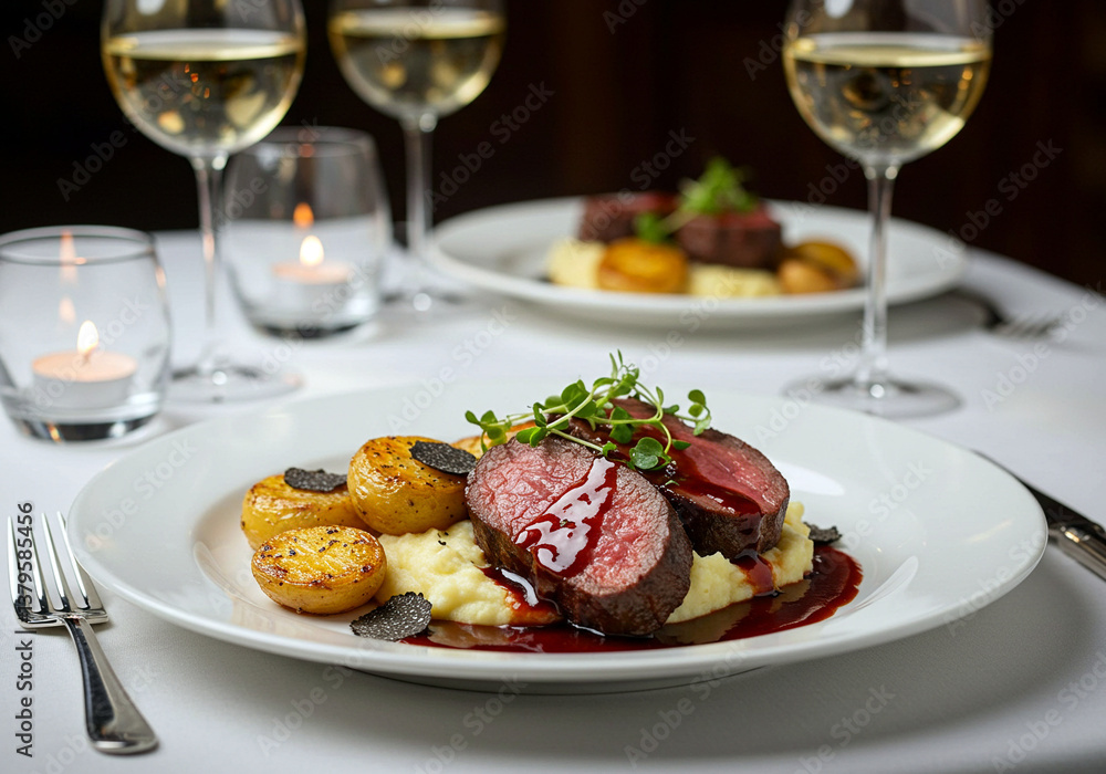 Gourmet Fine Dining Steak Dinner with Truffle Mashed Potatoes and Red Wine Sauce Gourmet Fine Dining Steak Dinner with Truffle Mashed Potatoes and Red Wine Sauce