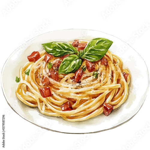 A watercolor vector illustration of Spaghetti Carbonara, isolated on a white background.

