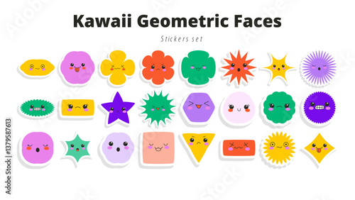 Kawaii Geometric Faces Stickers Vector Isolated Illustration