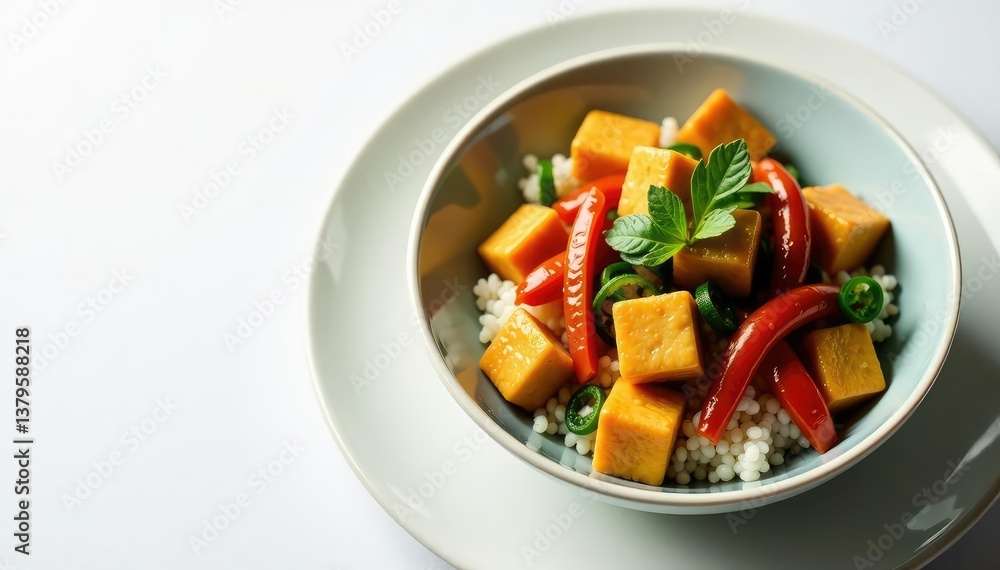 Stir-fried vegetables, tofu, rice, elegant presentation, cuisine, stir-fry, healthy food Stir-fried vegetables, tofu, rice, elegant presentation, cuisine, stir-fry, healthy food