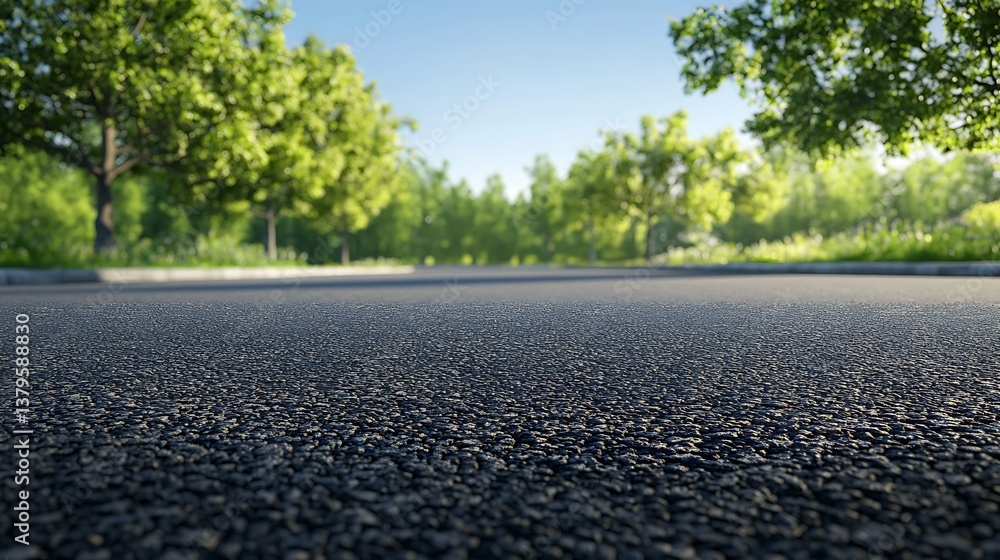 Low Angle Asphalt Road Texture with Green Trees and Bright Blue Sky Background Low Angle Asphalt Road Texture with Green Trees and Bright Blue Sky Background