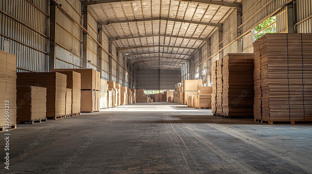 Inside a large warehouse with stacked cardboard boxes and sheets Inside a large warehouse with stacked cardboard boxes and sheets
