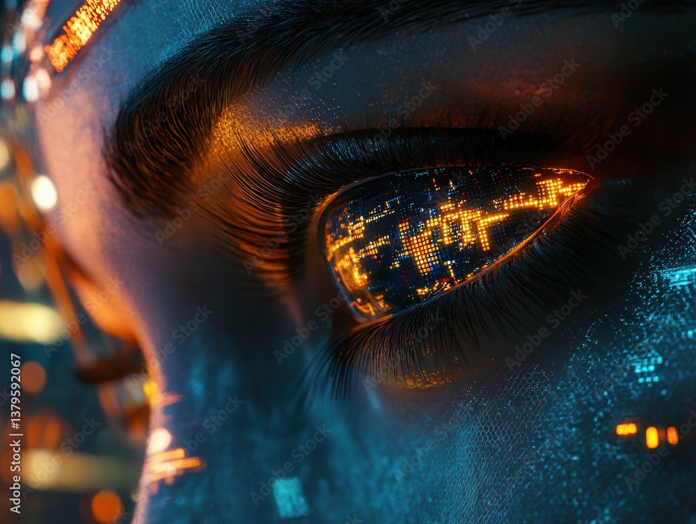 Close-up portrait of a hyper-realistic AI robot with digital data streams reflecting in its eyes. Futuristic cyberpunk aesthetic with dramatic lighting.
