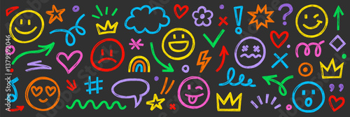 Smile brush hand drawn vector element set. Emoji fun face, heart, crown symbol crayon texture marker background kid sketch style hand drawn element. Color smiley face, arrow. Vector illustration
