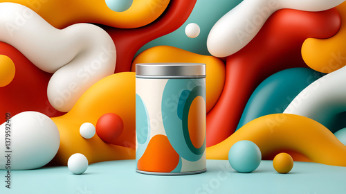 vibrant and abstract tea tin mockup stands against colorful, swirling background of smooth shapes and playful spheres, evoking sense of creativity and joy