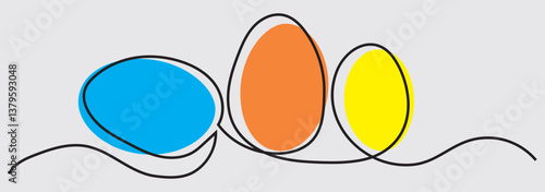 Easter eggs and color spots, one continuous line drawing. Easter illustration. Vector illustration of stylized eggs in black line on a white background. Eggs vector design