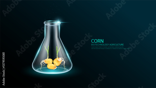 Green corn seedling emerging from seeds with roots in beaker glass test tube. Plant growth genetic experiment. Scientific biotechnology in cultivation agriculture industry. Vector.