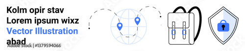 Globe with location pins, secure shield lock, and travel backpack emphasizing safety and navigation. Ideal for security, travel, education, adventure, tourism, exploration flat landing page banner