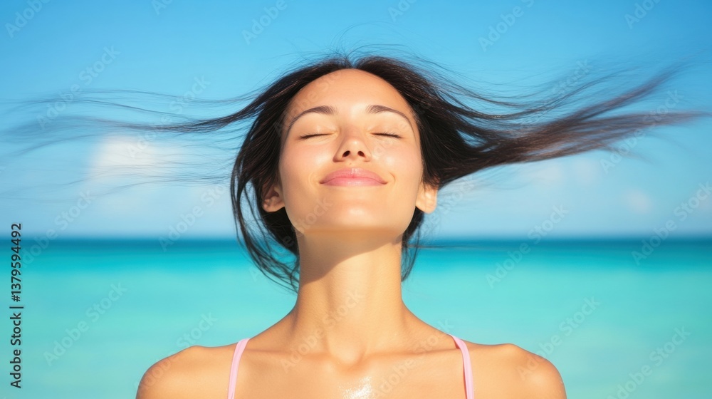 A woman stands by the ocean with her eyes closed, reveling in the fresh breeze against her face, surrounded by clear blue water A woman stands by the ocean with her eyes closed, reveling in the fresh breeze against her face, surrounded by clear blue water