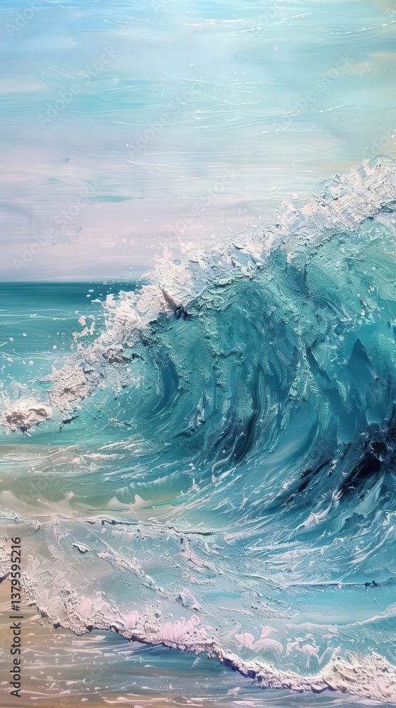 Fototapeta premium A vibrant wave crashing on a serene beach, capturing the beauty of ocean dynamics.