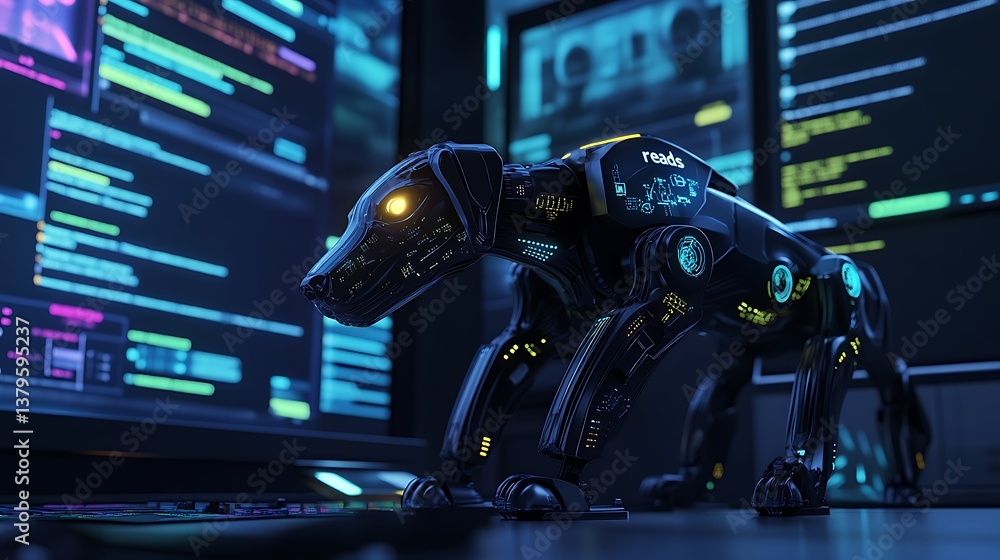Obraz premium Futuristic robotic dog standing in front of glowing digital screens displaying complex data and colorful coding elements