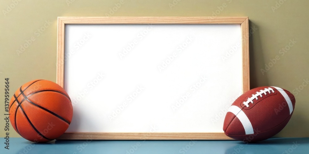Blank Whiteboard with Basketball and American Football Ready for Your Message
