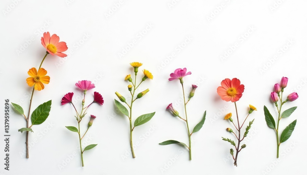 Obraz premium Delicate, small-scale floral sprigs on white background, illustration, flower pattern, summer flowers