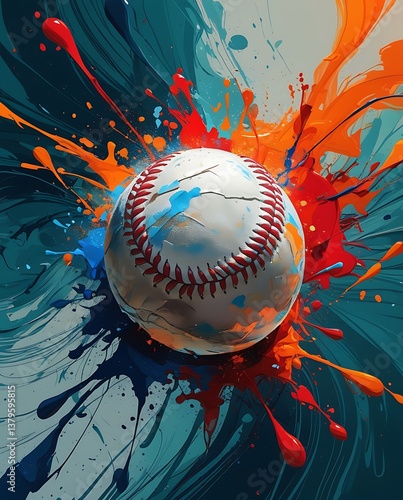 Vibrant baseball illustration featuring dramatic paint splatters in blue and orange, symbolizing action, passion, and creativity in a unique sports-inspired digital artwork

